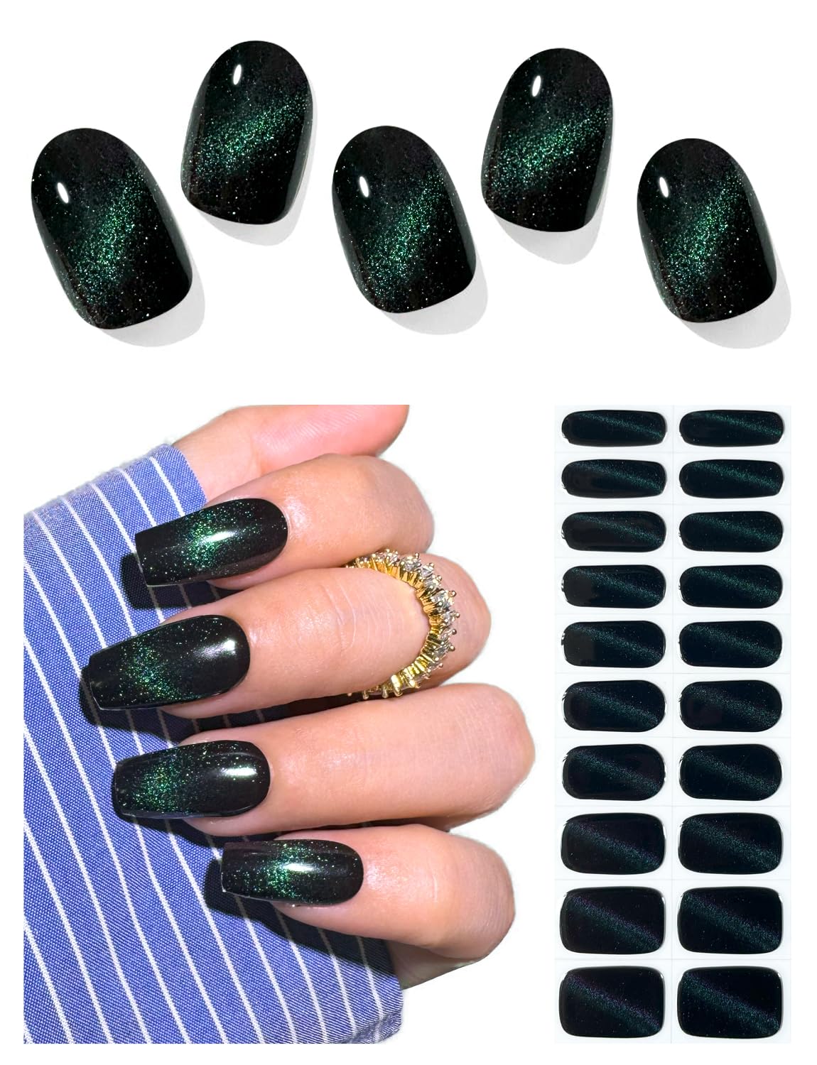 AutyaMee Semi Cured Gel Nail Strips (Black Green Cat Eye), 20 Pcs Gel Nail Wraps, Stickers, UV Light Required, Salon Quality, Long Lasting