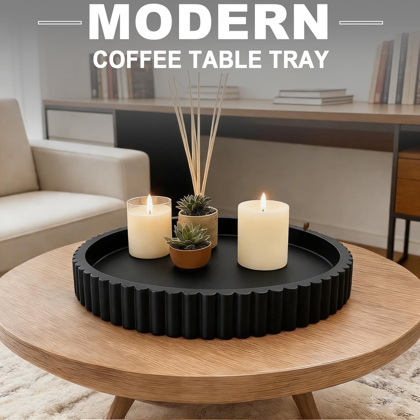 HUGZNLFEI Round Decorative Tray for Coffee Table Decor - Resin Modern Table Centerpieces Decorative Trays for Kitchen, Dining, Living Room, Home Decor Housewarming Gift - Black