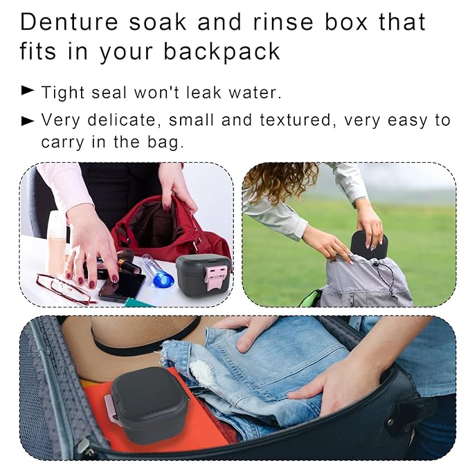 BVN Leakproof Denture Cup, Upgraded Carrying Storage, Denture Bath Box with Filter, Denture Cup for Soaking Dentures, Travel Retainer Cleaning Case (Black+Pink).