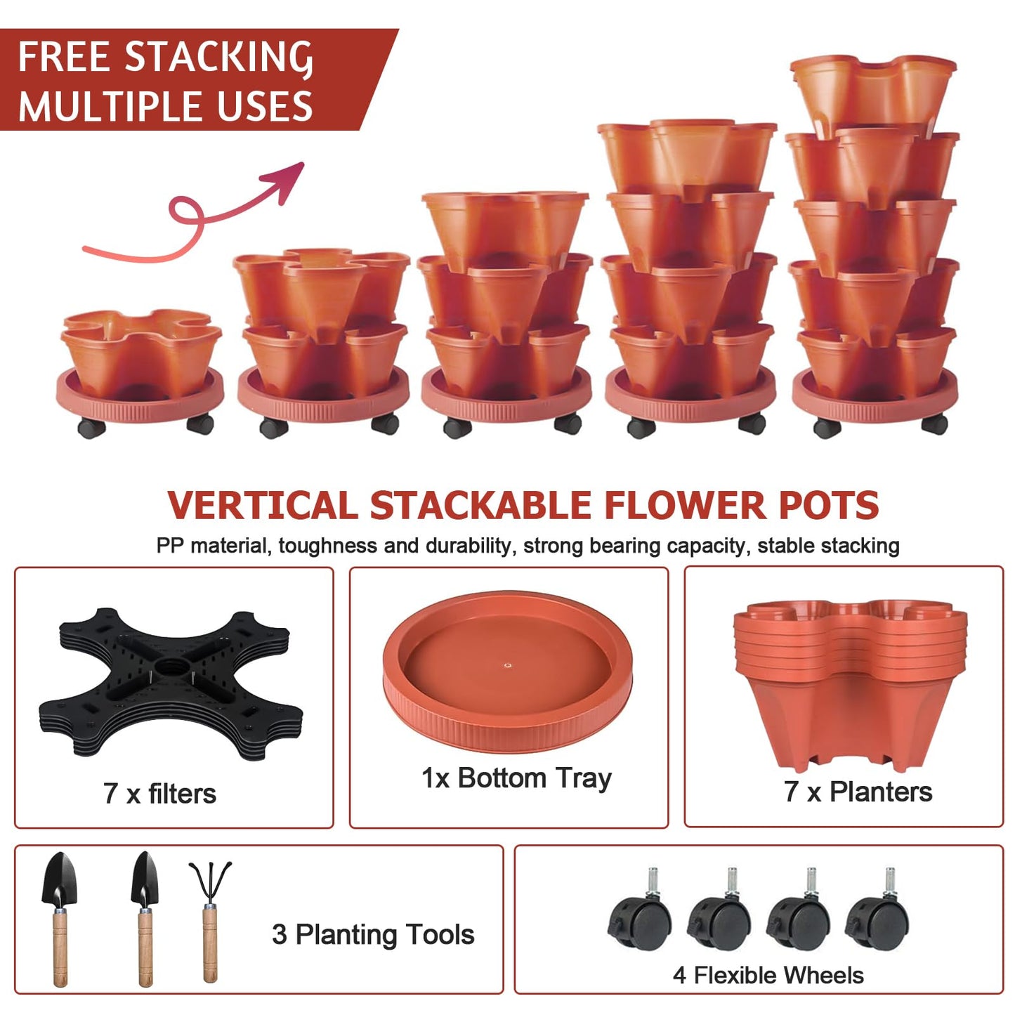 SunFunUSA 7 Tier Vertical Strawberry Planter-Tower Stackable Herb Planter Stacking Garden Planters Pot Outdoor with Tools Mover for Growing Flowers, Vegetables and Succulents, Red