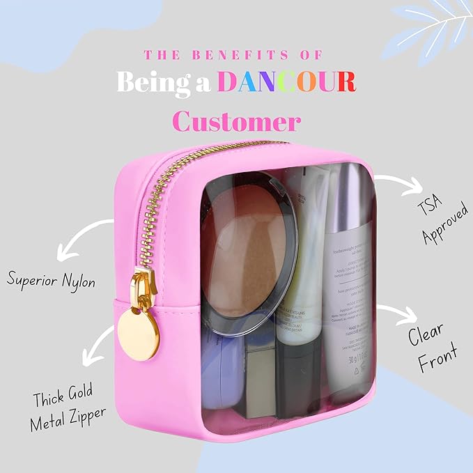 DANCOUR Clear Mini Makeup Bag for Purse Small Cosmetic Pouch Travel Organizer Transparent Toiletry Case Mini Pouch Light Pink