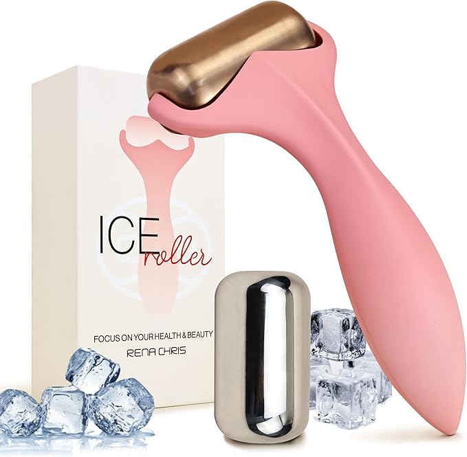 Rena Chris Ice Roller for Face & Body - 2 Stainless Steel Roller-Heads for Extended Cooling, Ice Face Roller for Clear Skin and Puffiness Relief - Face Massage Skin Care Roller