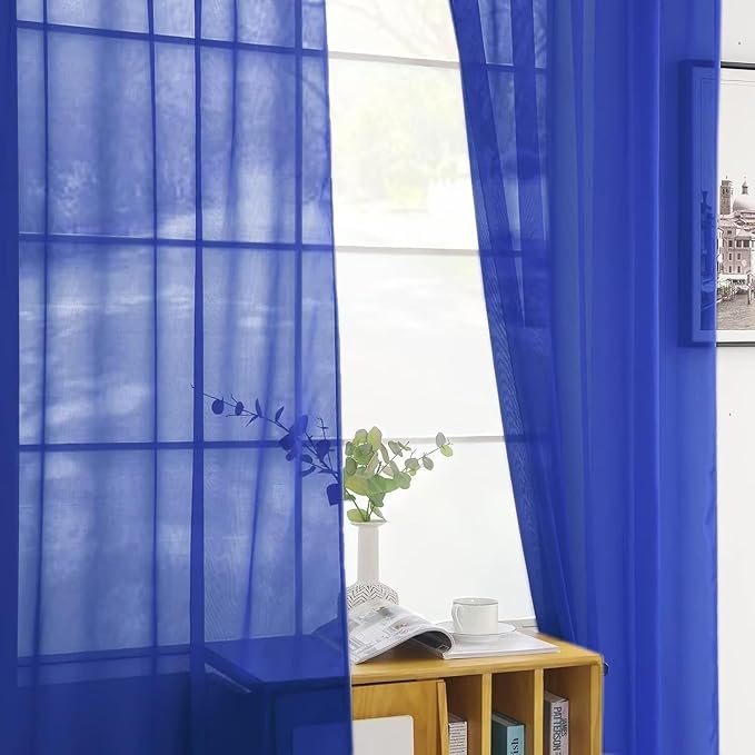 SpaceDresser Basic Rod Pocket Sheer Voile Window Curtain Panels Sapphire 1 Pair 2 Panels 52 Width 36 Inch Long for Kitchen Bedroom Children Living Room Yard（Sapphire, 52W x 36L）