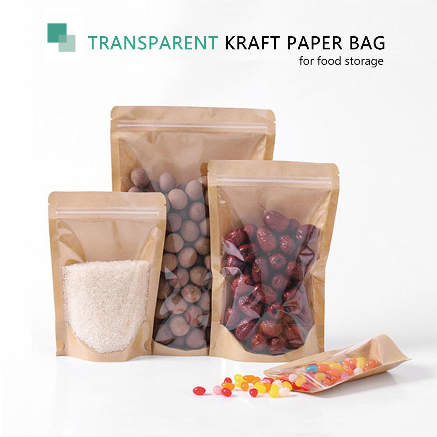 100 Pack Kraft Resealable Bags with Clear Front Stand Up Brown Kraft Bags with Window Transparent Bulk Pouches Ziplock Paper Bags 3.5"x5.5"