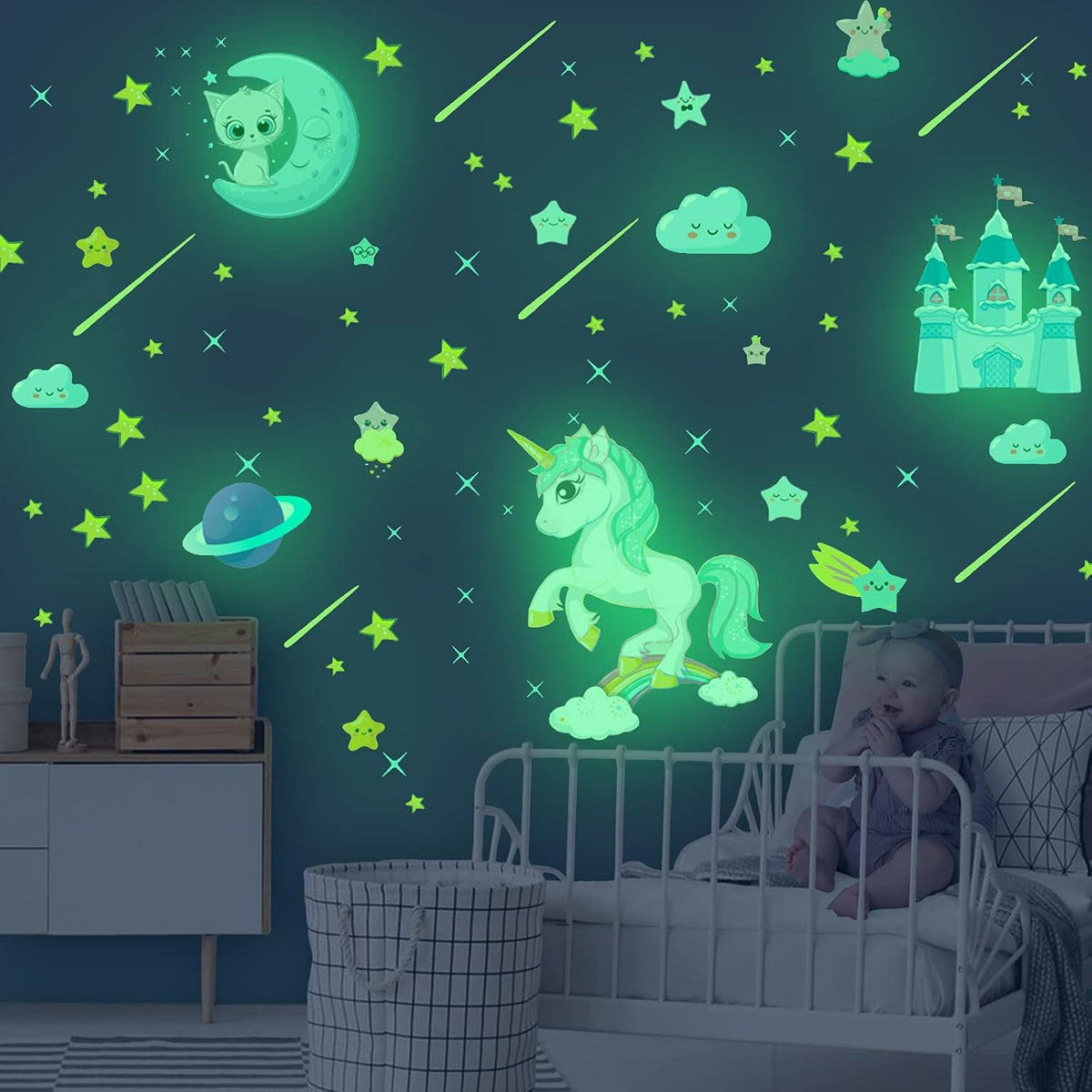 Glow in The Dark Unicorn Stickers, 206 pcs Cats and Moon Wall Decals, Glowing Castle Clouds Ceiling Decor for Kids Bedroom, Stars and Rainbow Wall Decor for Girls and Boys Gift
