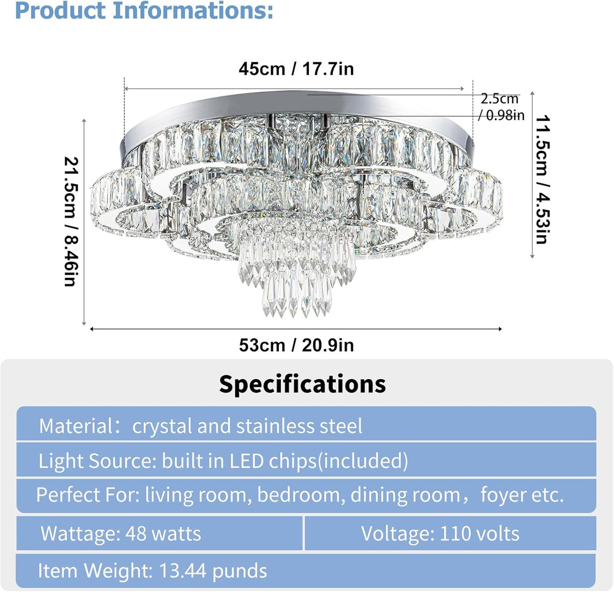 21 Inch Crystal Chandeliers with Remote Control LED Chandelier Modern Mount Flush Mount Chandelier Ceiling Light Fixtures for Bedroom Living Room Dining Room(Dimmable)