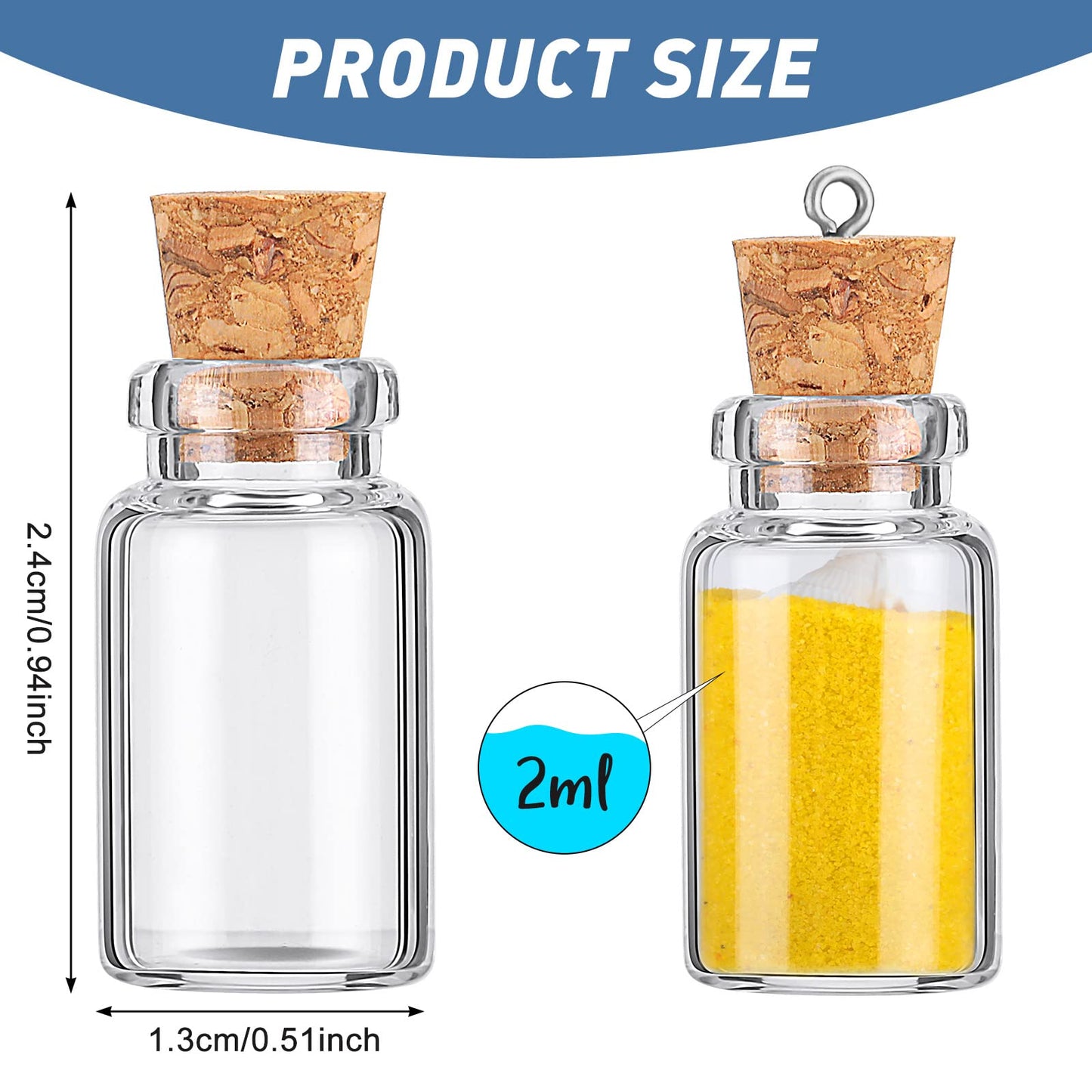 Mimorou 100 Pcs Mini Glass Bottles with Cork Stoppers 2 ml Clear Small Jars 0.07oz Glass Vials Sets DIY Decorative Wish Bottles, Including 100 Eye Screws 100 Ropes 10 Funnels