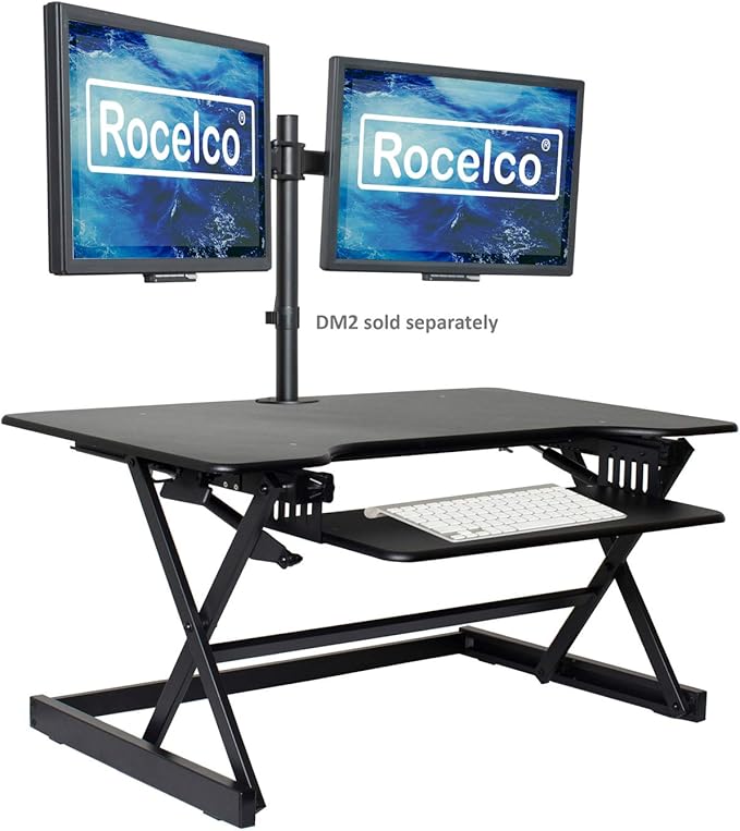 Rocelco 38" Large Height Adjustable Standing Desk Converter - Quick Sit Stand Up Dual Monitor Riser - Gas Spring Assist Tabletop Computer Workstation - Retractable Keyboard Tray - Black (R DADRB-38)