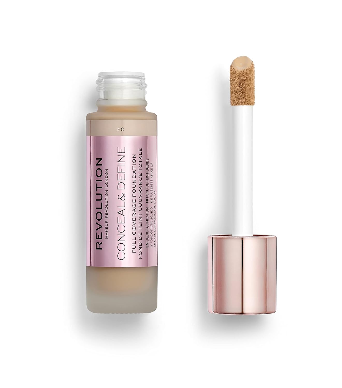 Makeup Revolution Conceal & Define Foundation, Cream Foundation Makeup, Full Coverage, For Light/Medium Skin Tones, Vegan & Cruelty-Free, F8, 23ml