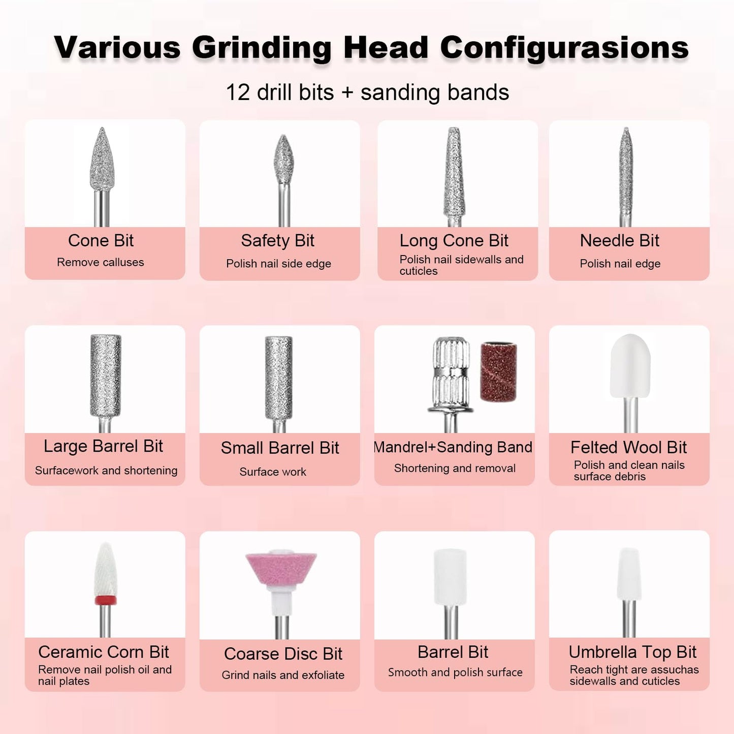 Qinvone Electric Nail Drill File: Professional 40000RPM Nail E-File Drill, Rechargeable Cordless Nail Drill with Bits & Base for Acrylic Nails Remove Nail Gel Polish Manicure for Home Salon Use (Pink)