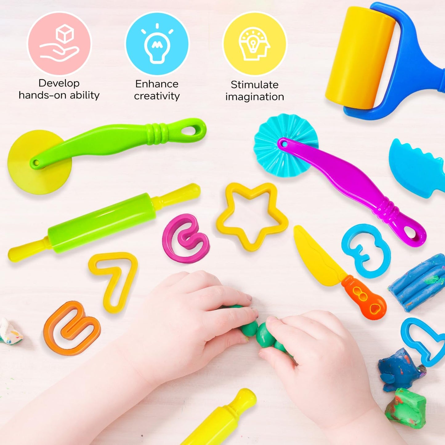 55 Pcs Alphabet & Number Dough Tool Set – Clay Play Kit for Kids with Rolling Pins, Geometric Cutters & Letter Molds, Modeling Accessories for Creative Learning