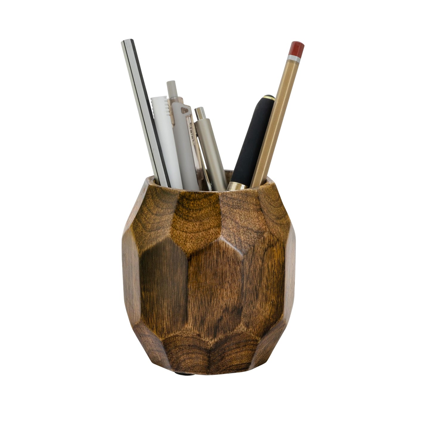 Mie Creations Geometric Wooden Pencil Holder for Desk Table | Wood Pen Cup Stand for Office, Cute Desktop Organizer for Makeup Brushes, Stationery Decor | Rustic Christmas Holiday Gifts- Brown 4''
