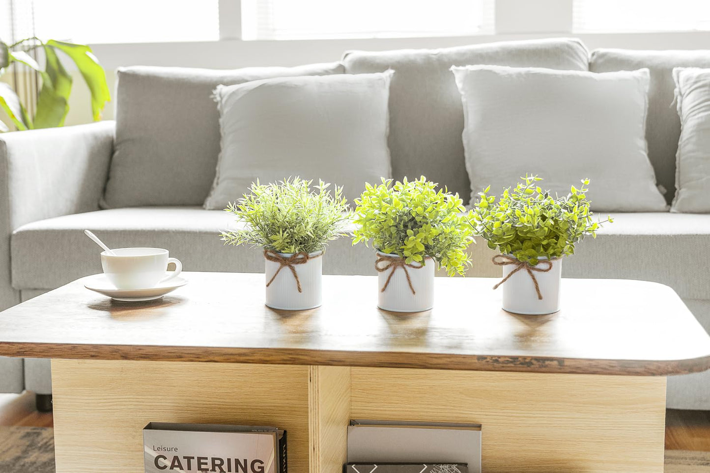 Mkono Fake Plants in Farmhouse Galvanized Metal Pots Table Centerpiece Rustic Home Decor, 3 Pack Potted Artificial Plants Faux Eucalyptus for Shelf Indoor Dining Room Office