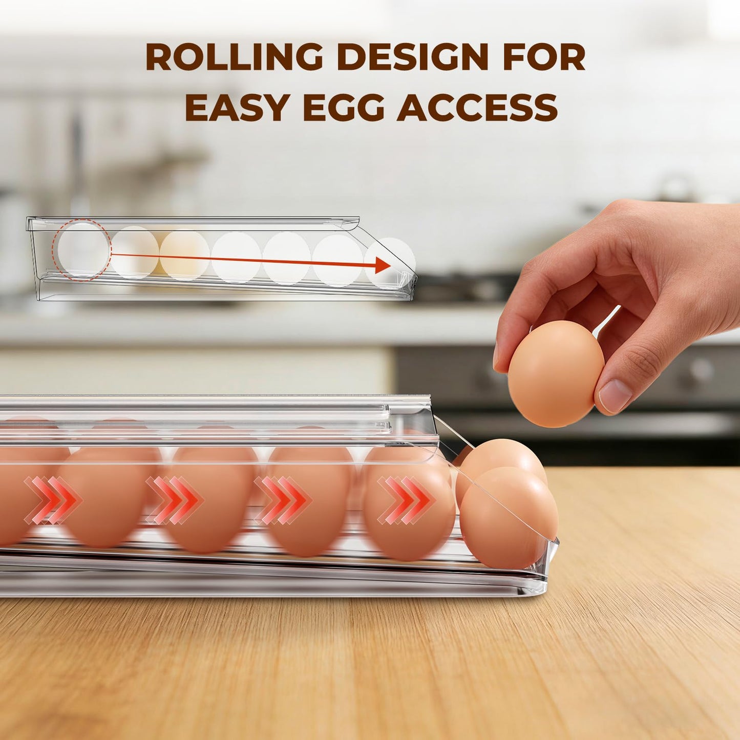 BOBELA Egg Holder for Fridge,Automatic Rolling Egg Container for Refrigerator,Clear Stackable Egg Organizer with Removable Lid for Fridge Organizers and Storage,1 pack