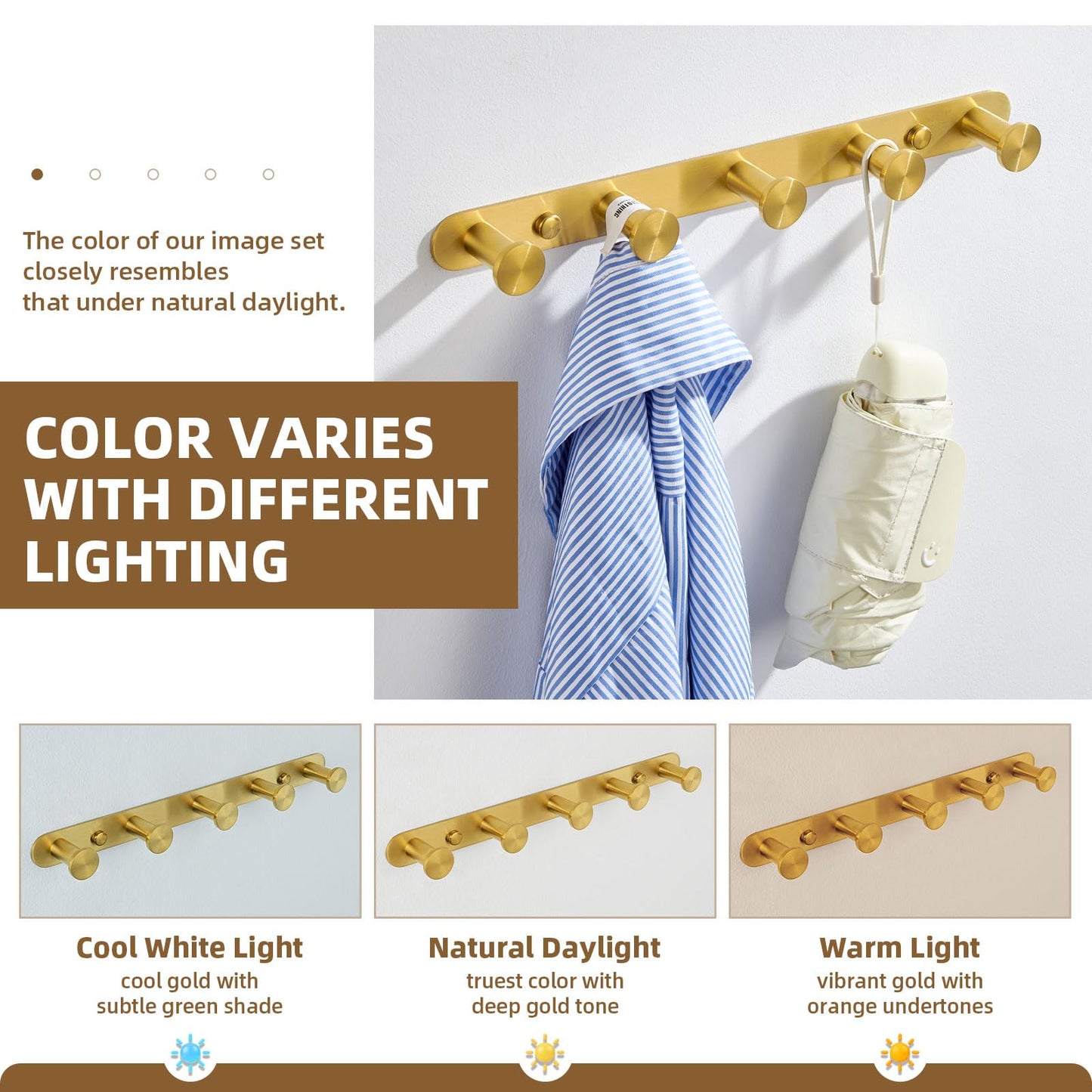 Angle Simple Towel Hook Rack Brushed Dark Gold, SUS304 Stainless Steel Bathroom Hook Rail 5 Hooks, Utility Kitchen Towel Holder, Wall Mount