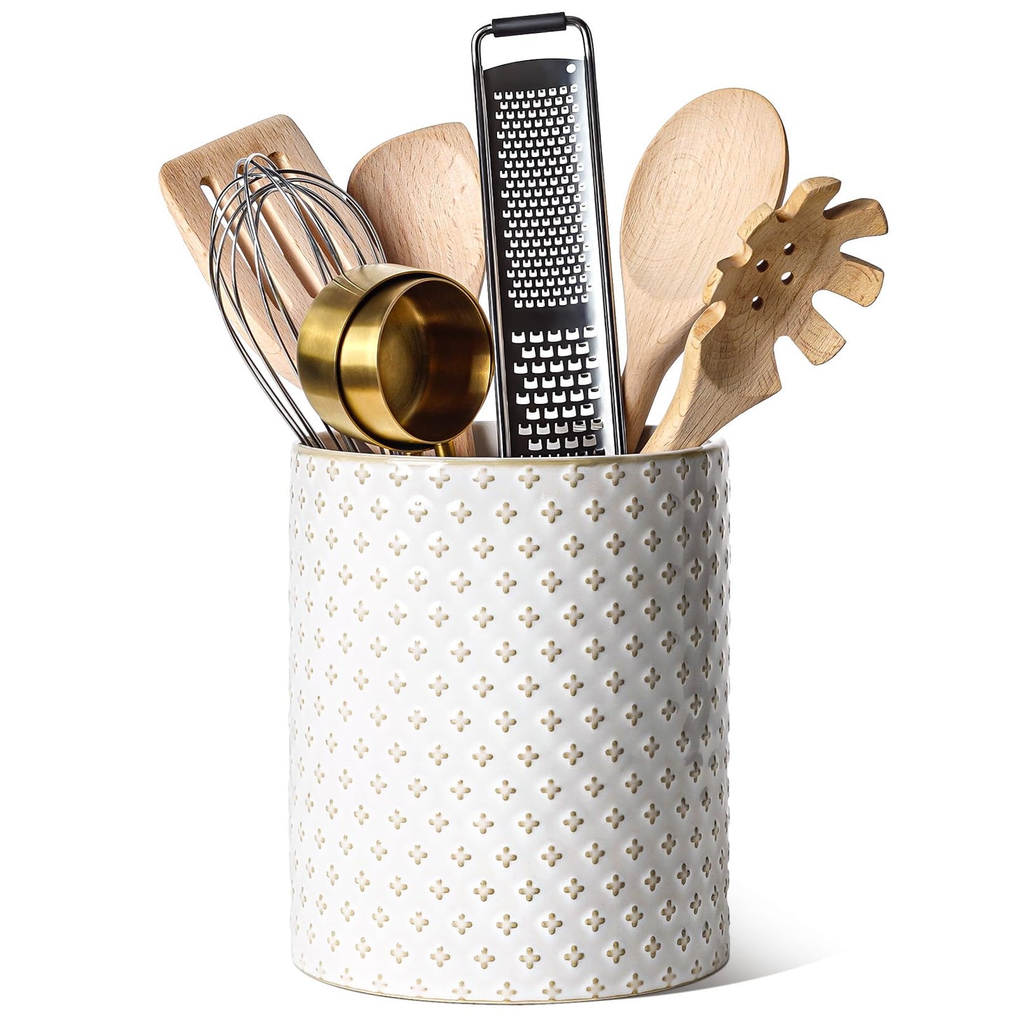 LE TAUCI Utensil Holder for Kitchen Counter - 7.1" Large Ceramic Kitchen Utensil Holder, Embossed Cooking Utensil Crock for Spatula, Spoon - Farmhouse Kitchen Decor & Organizer, White, Clover