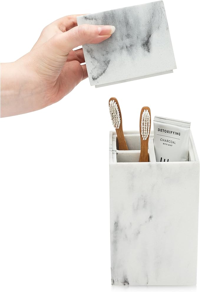 Essentra Home Toothbrush Holder with Lid, Elegant White Marble Bathroom Toothbrush & Toothpaste Organizer – Blanc Collection