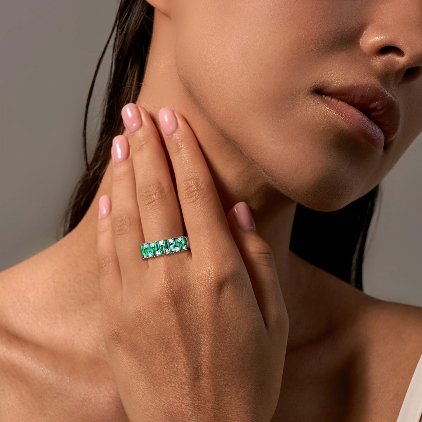 RANDES Emerald Baguette Ring 925 Sterling Silver Band Rings for Women Men Emerald Cut Wedding Band Green Stone Ring Size 7