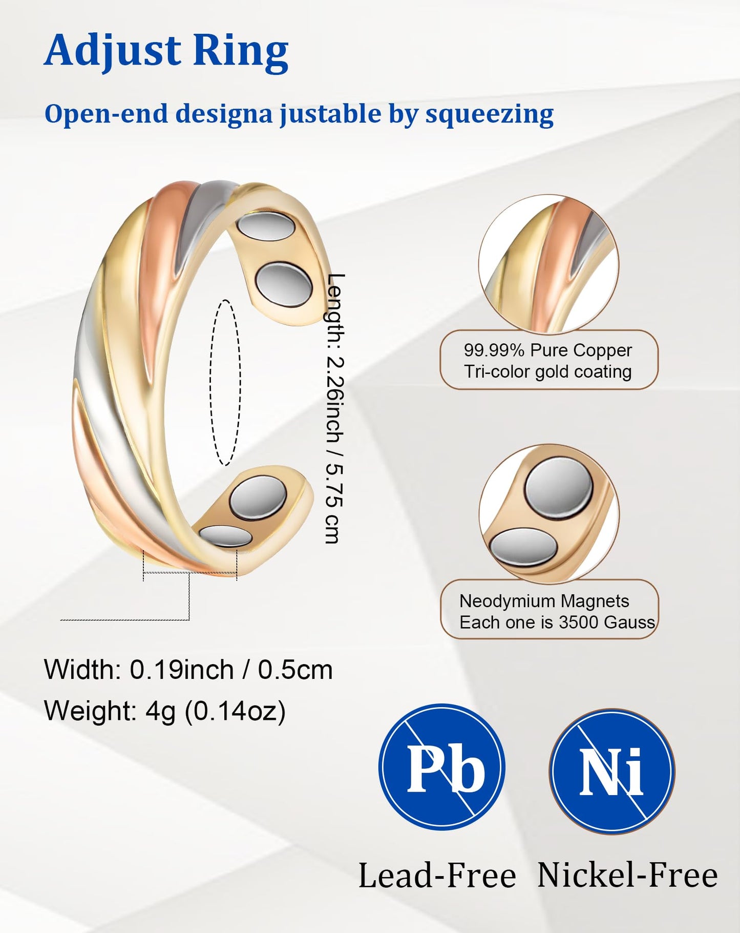 MagSølv Copper Rings for Women, Pure Copper Adjustable Magnetic Ring, Braided Tricolor Gold Jewelry
