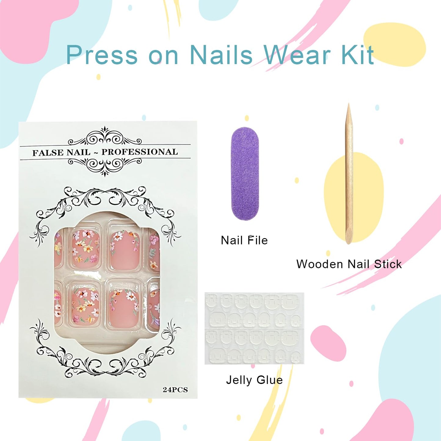 Flower Press on Nails Short Square Fake Nails with Colorful Small Daisy Designs Nude Matte False Nail Full Cover Spring Summer Floral Stick on Nail for Women 24Pcs
