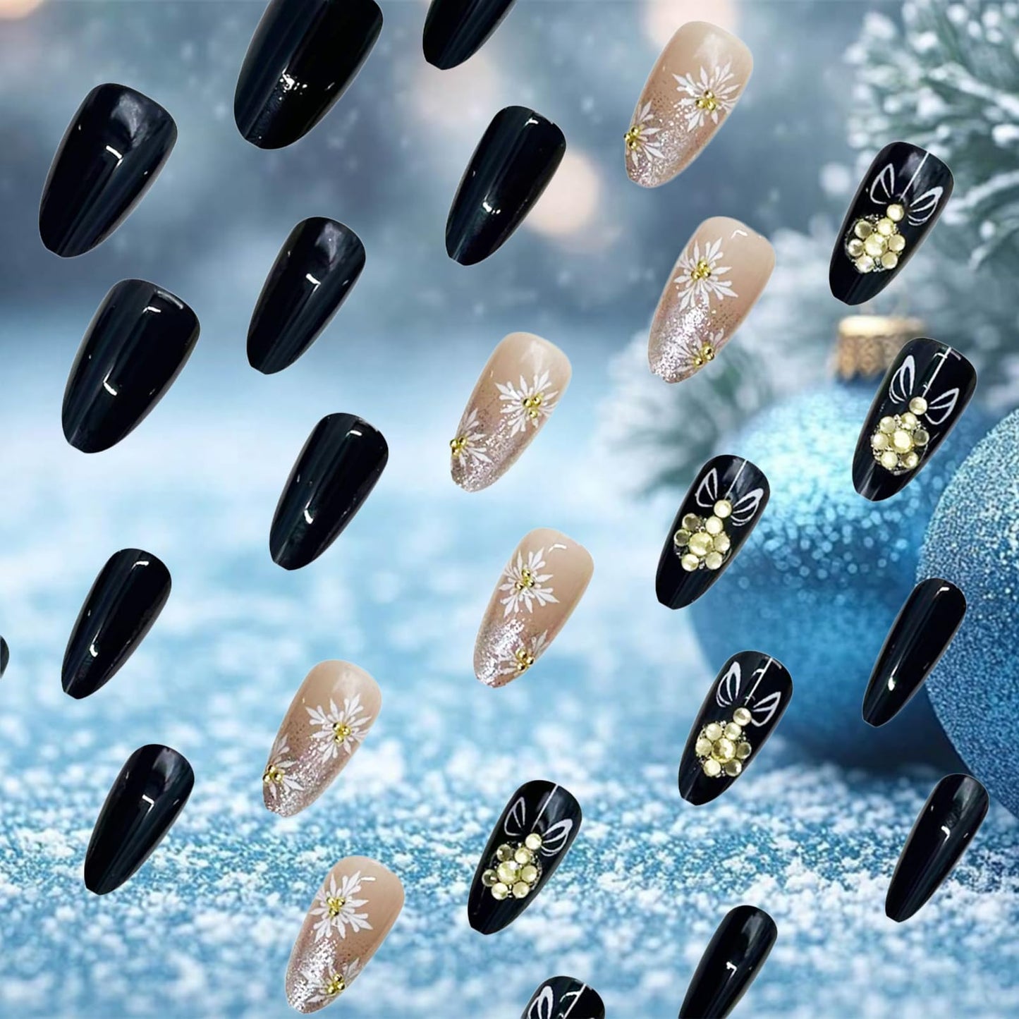 Snowflake Press on Nails Bell Stick on Fingernails Christmas Press ons Medium Almond Nail Glossy Silver Glitter False Nail 24Pcs Bow Tie Gel Glue on Acrylic Fake Nails for Holiday Women