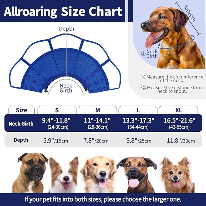 Allroaring Dog Cone Collar After Surgery, Soft Dog Cones for Large Dogs, Breathable Pet Elizabethan Collar Dogs Recovery Cone to Stop Licking Protective Wound Lightweight E-Collar, Blue L