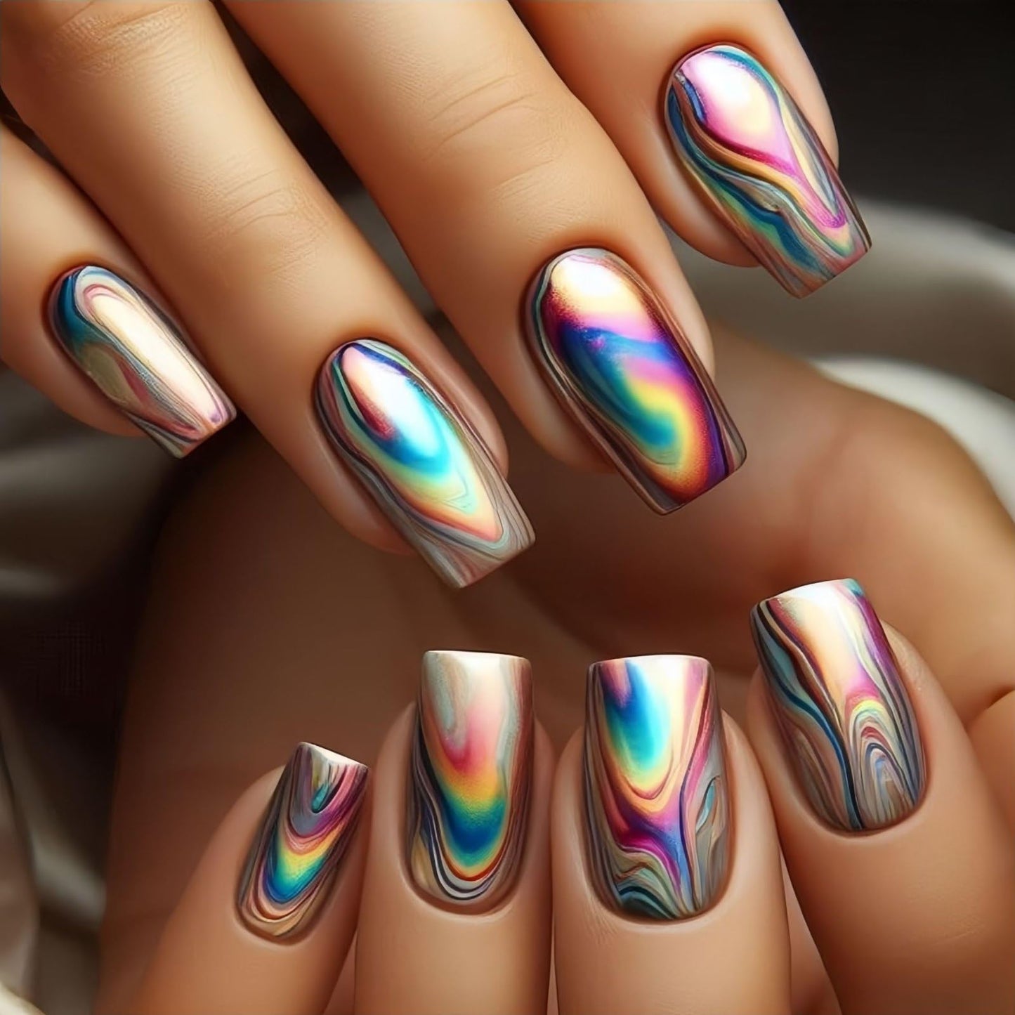 Medium Press on Nails Square Shape Fake Nails Aurora Marble False Nails Gradient Colorful Designs Spring Summer Acrylic Nails Full Cover Glossy Stick on Nail Holiday Glue on Nails for Women 24Pcs