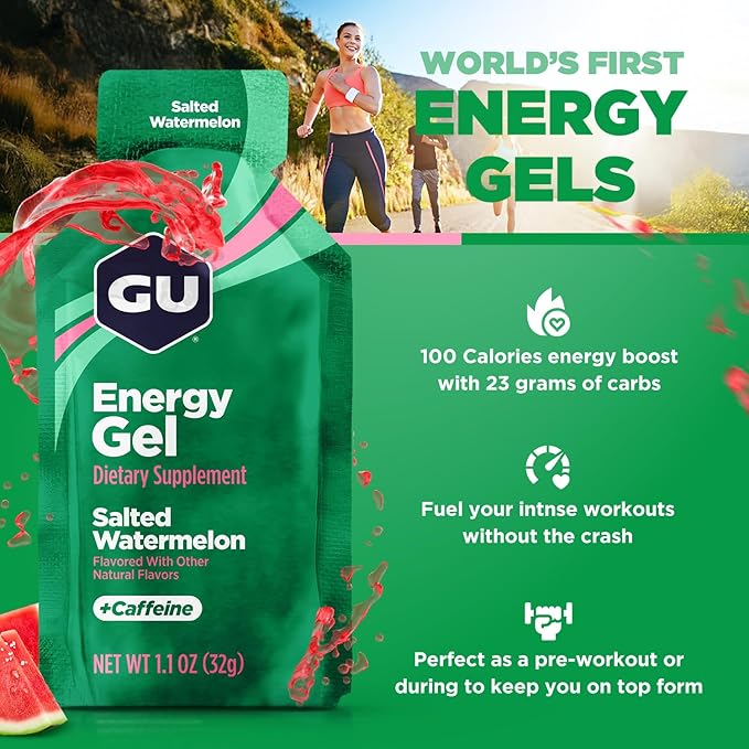 GU Energy Original Sports Nutrition Energy Gel, Vegan, Gluten-Free, Kosher, and Dairy-Free On-the-Go Energy for Any Workout, 24-Count, Salted Watermelon