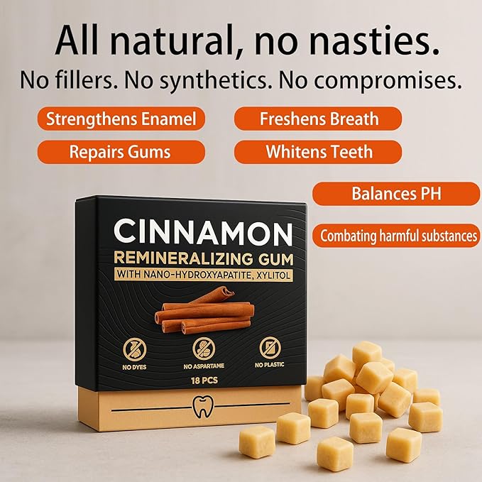 Cinnamon Remineralizing Gum with Nano Hydroxyapatite, Sugar-Free Xylitol and Tree Sap Blend for Daily Oral Freshness, Chewing Gum for Advanced Enamel Protection, No Gluten (2)