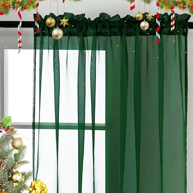 SpaceDresser Sheer Voile Window Treatment Rod Pocket Curtain Panels for Kitchen Bedroom Living Room Drapes Sunlight Filtering Privacy Semi Home Decor Assorted Colors Sizes (Foliage Green, 52 W x 45 L)