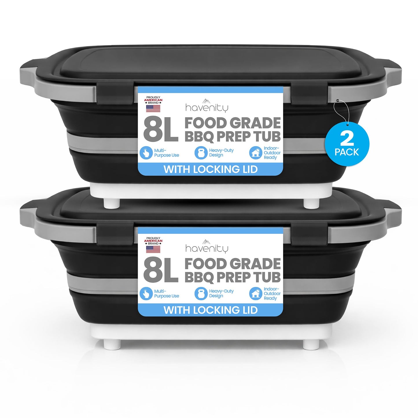 Havenity BBQ Prep Tub 2 Pack (8L+8L) - Multifunctional Collapsible Camping Cutting Board with Upgraded Locking lid, Meal Prep Meat Storage Container Perfect for Grilling, Outdoor Cooking (Large x 2)