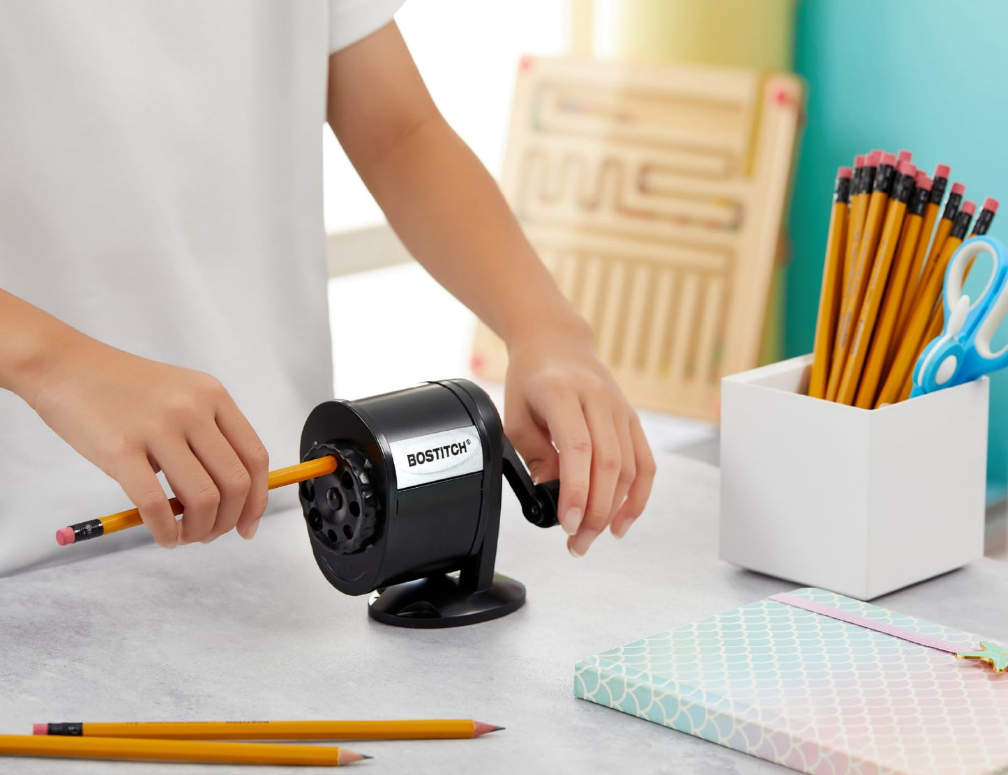 Bostitch Office Wall Mount Manual Pencil Sharpener, 8 Hole Dial, 6X Longer Cutter Life, Vertical or Horizontal Mounting, Black