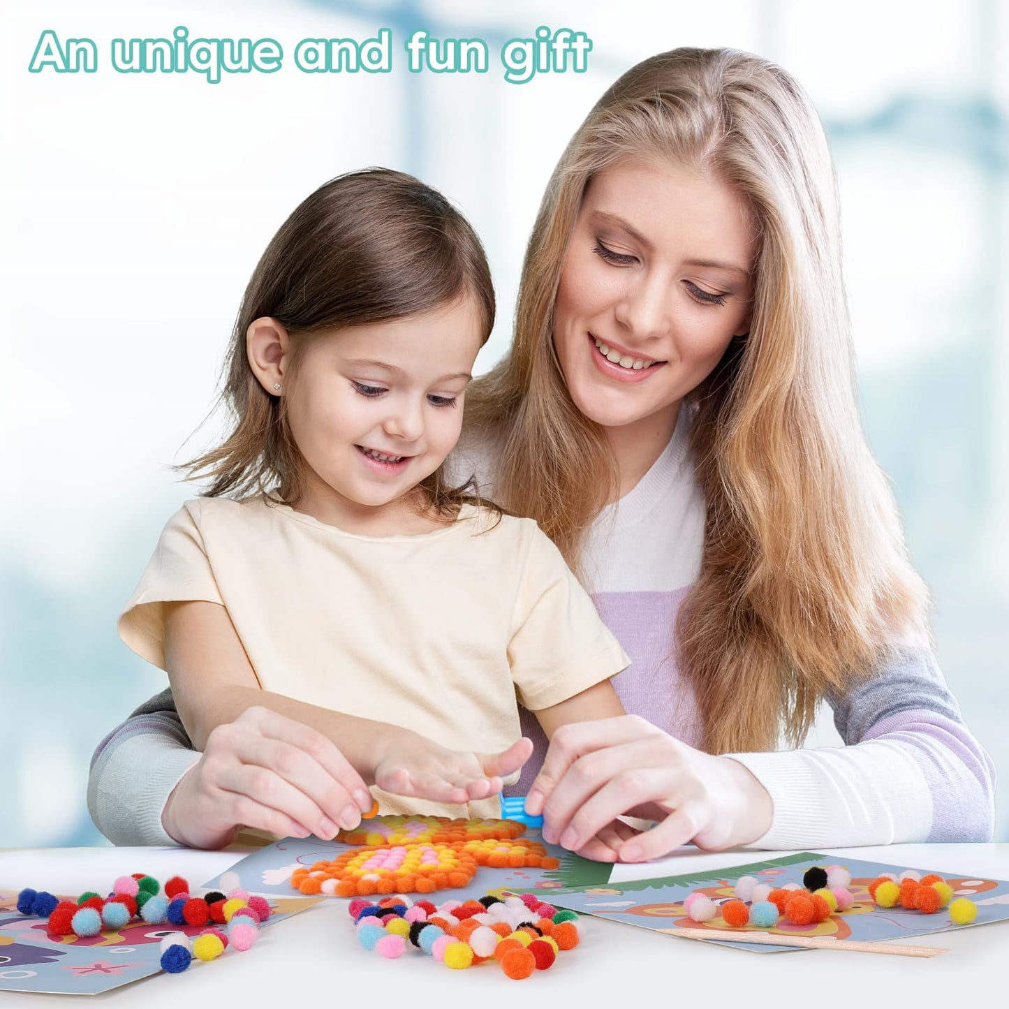 iCraftine Pom Poms Craft Kit for Building Fine Motor Skills & Hand-Eye Coordination, 6 Patterns Pompoms Arts & Crafts Sets for Kids Ages 5+