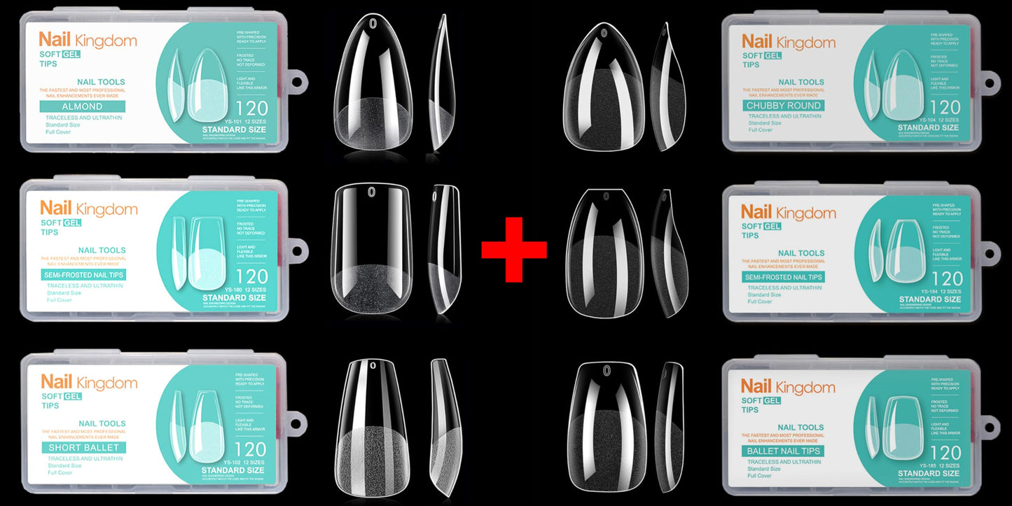 6 Styles Soft Gel Nail Tips - Short Almond Coffin Ballerina and Medium Almond Square Ballerina, 720Pcs Pre-shaped Half Matte Acrylic Nail Tips Clear Full Cover Press On Nails, Home Salon DIY Nails