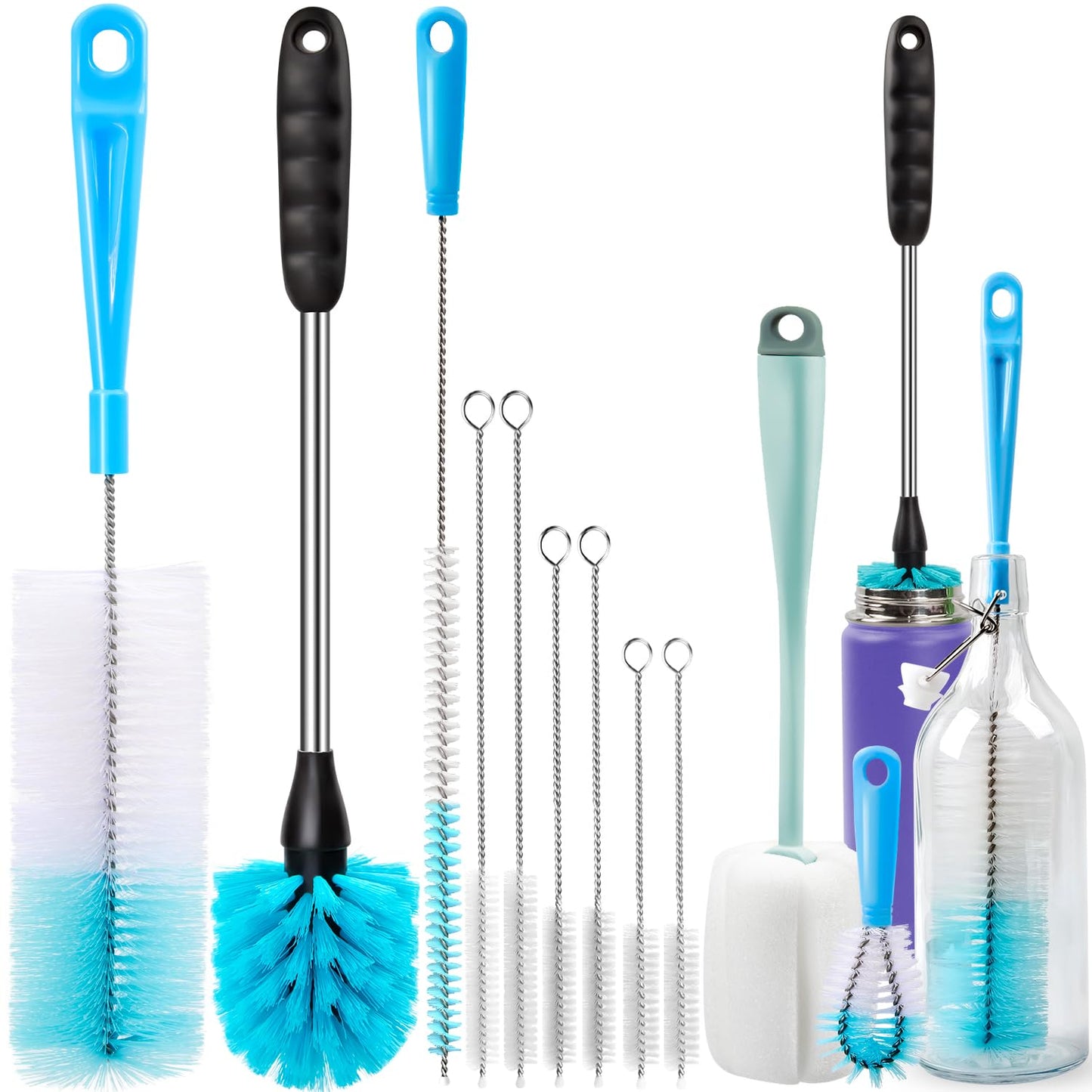 Holikme Bottle Brush Tube Cleaning Lab Set with Long Handle, Cup Cleaner for Washing Narrow Neck Beer Wine Decanter Pipes Lids Sinks Cap Covers, Green