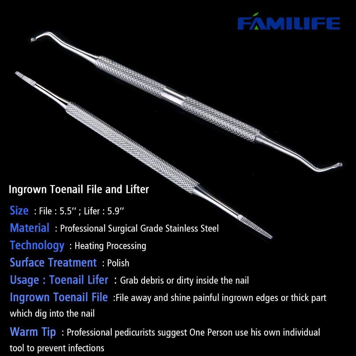 FAMILIFE 13pcs Stainless Steel Manicure Set And L07 100% Stainless Steel Ingrown Toenail File and Lifter Double Sided with Storage Case