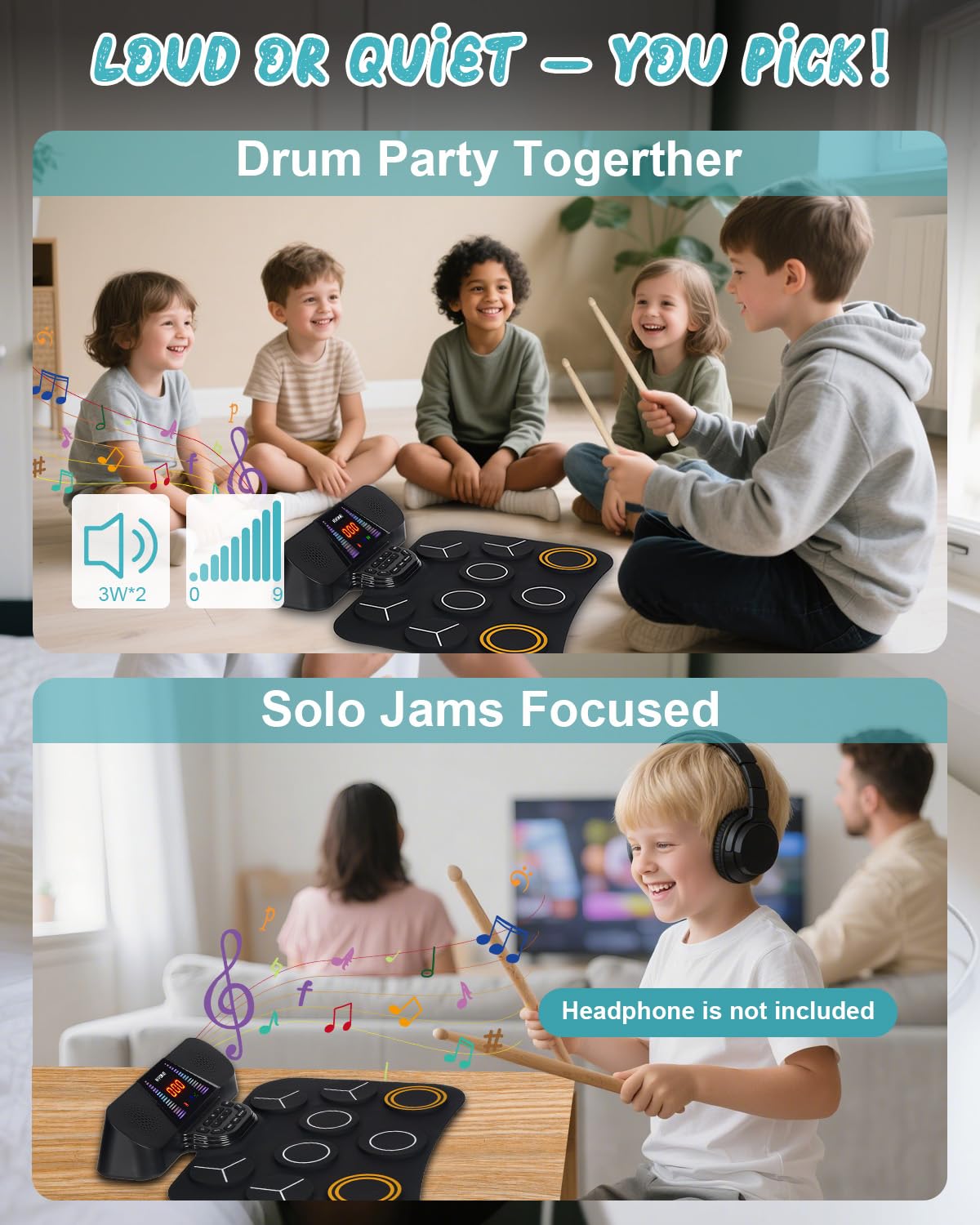 RVONE Electronic Drum Pad for Kids Beginner with Screen, 9 Pad Roll-Up Electric Drum Set with 5 Light Mode, Built-in 2 Powerful Speakers, for 3-12 Boys Girls Chritsmas Gift