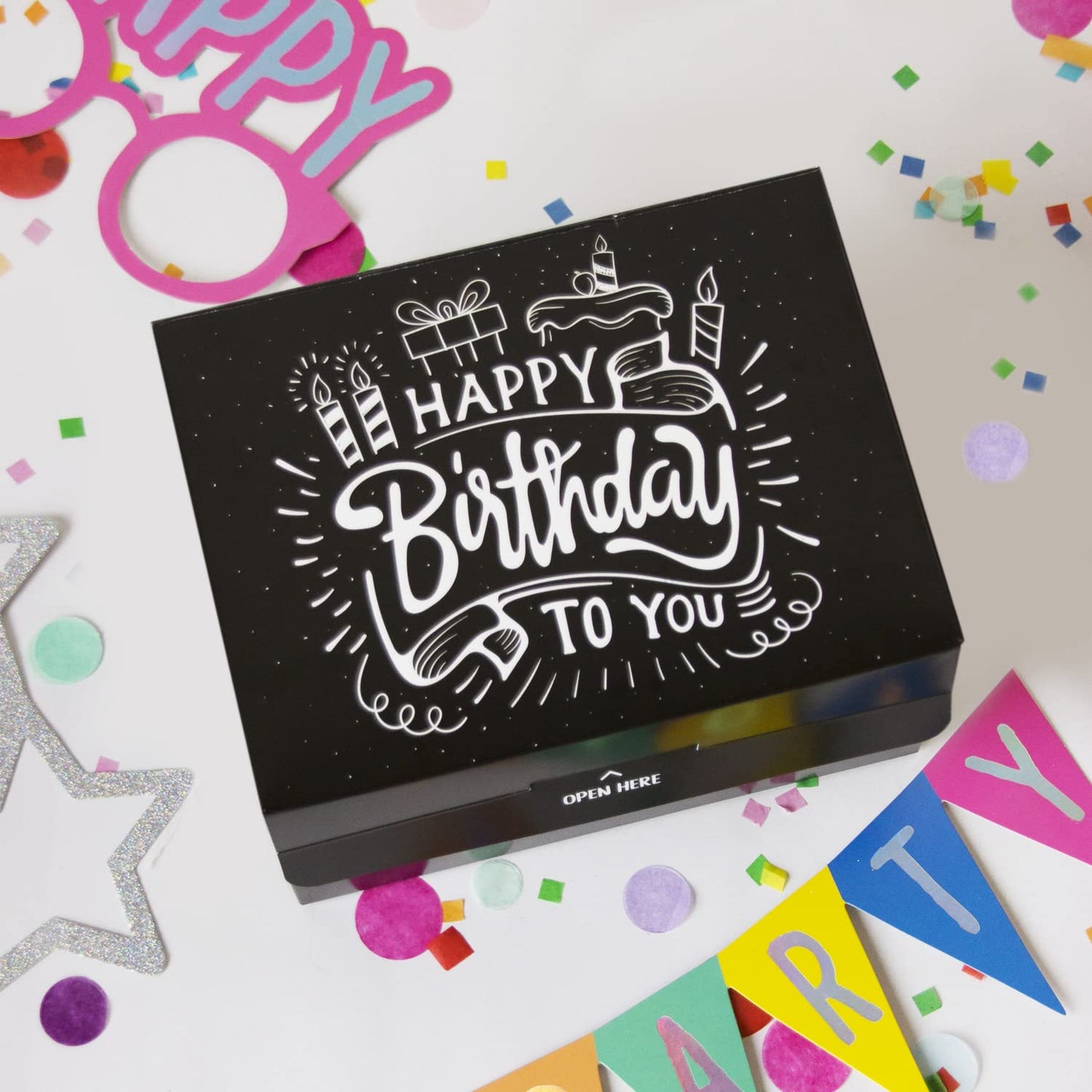 FETTIPOP Gift Box Surprise Exploding Confetti Kit (Black Premium) Happy Birthday, Prank Pop Up 7.2x5.5x4.3 in.