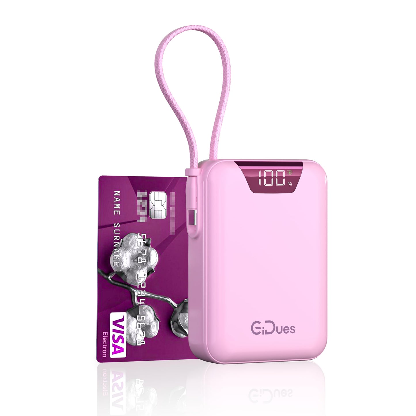Gidues M2 Portable Charger, 20000mAh Power Bank, PD 35W Ultra Fast USB-C Built-in Cable, Compact Cute Mini External Battery Pack for iPhone, Samsung, Android iPad (Pink)
