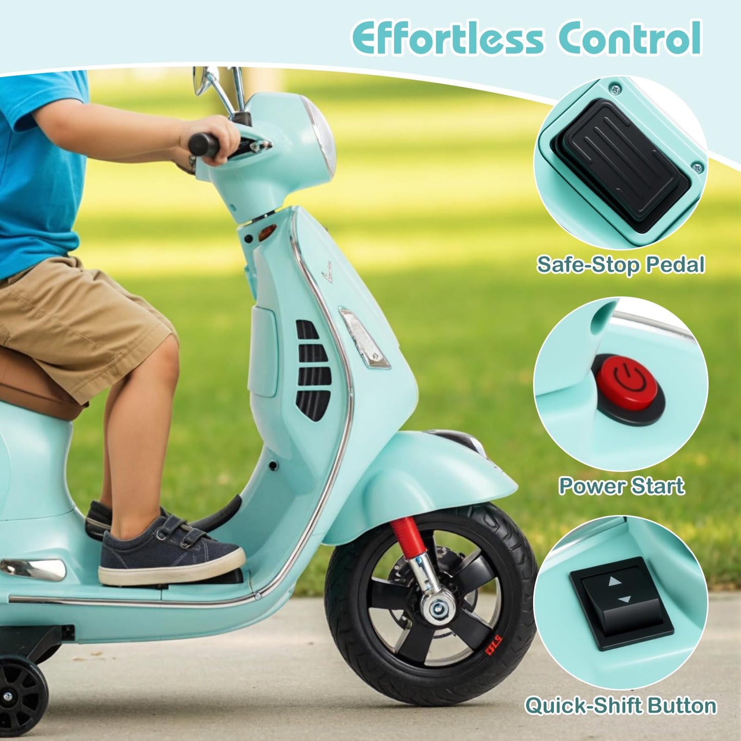 Licensed Vespa Scooter Kids Motorcycle by OLAKIDS, 12V Ride on Electric Motorcycle with Training Wheels LED Lights Music Story Mode Horn (Green)