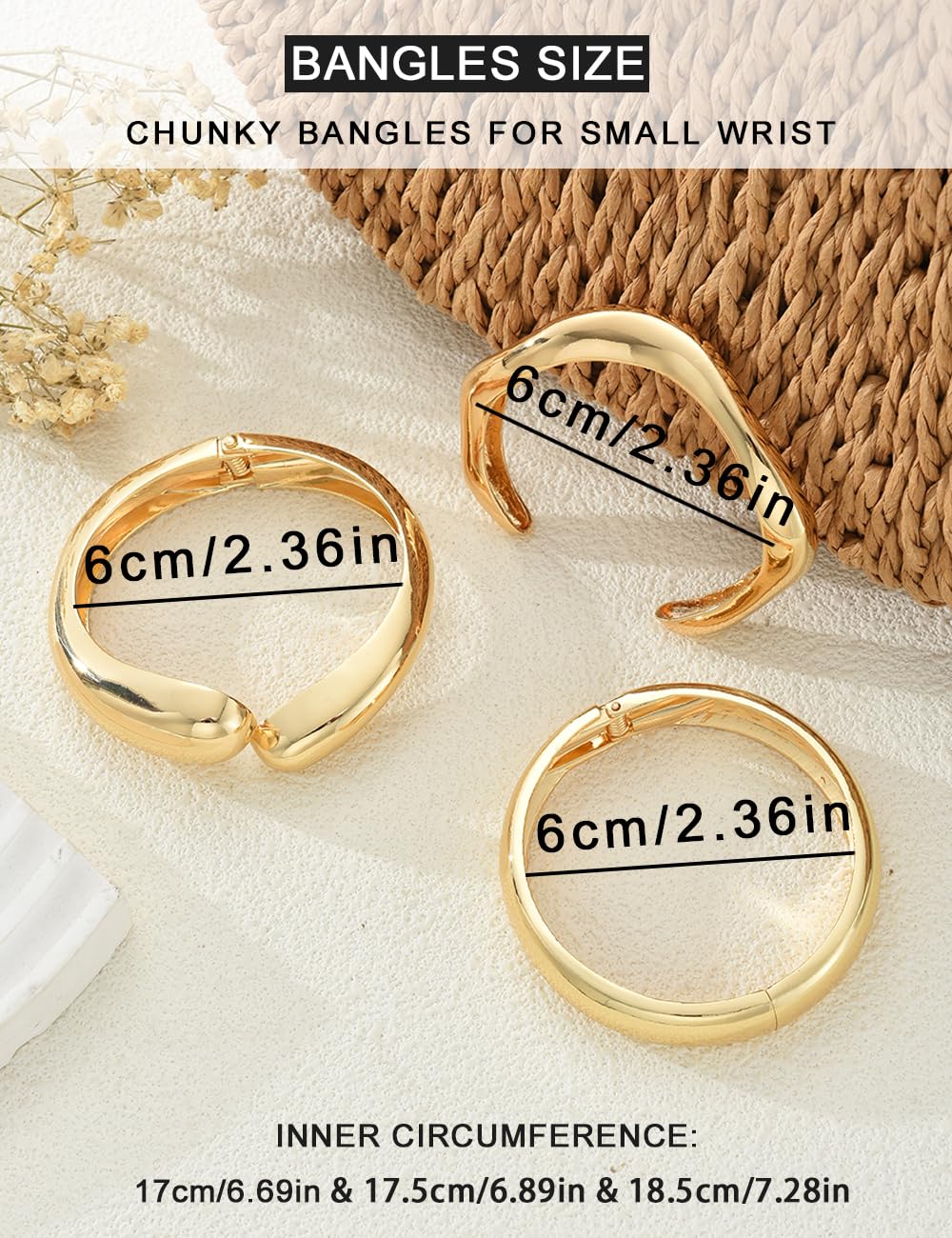 Chunky Gold Bangle Bracelets for Women, Dainty 14k Gold Plated Big Stackable Bangles Set, Trendy Statement Cuff Bracelet Stack Fashion Jewelry Gifts (Chunky gold wave bangles)