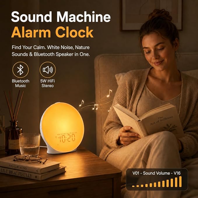 JALL Sunrise Alarm Clock White Noise Machine with 25 Nature Sleep Sounds, Fully Dimmable Clock for Bedrooms, Heavy Sleepers, 17 Light Modes, Bluetooth Speaker