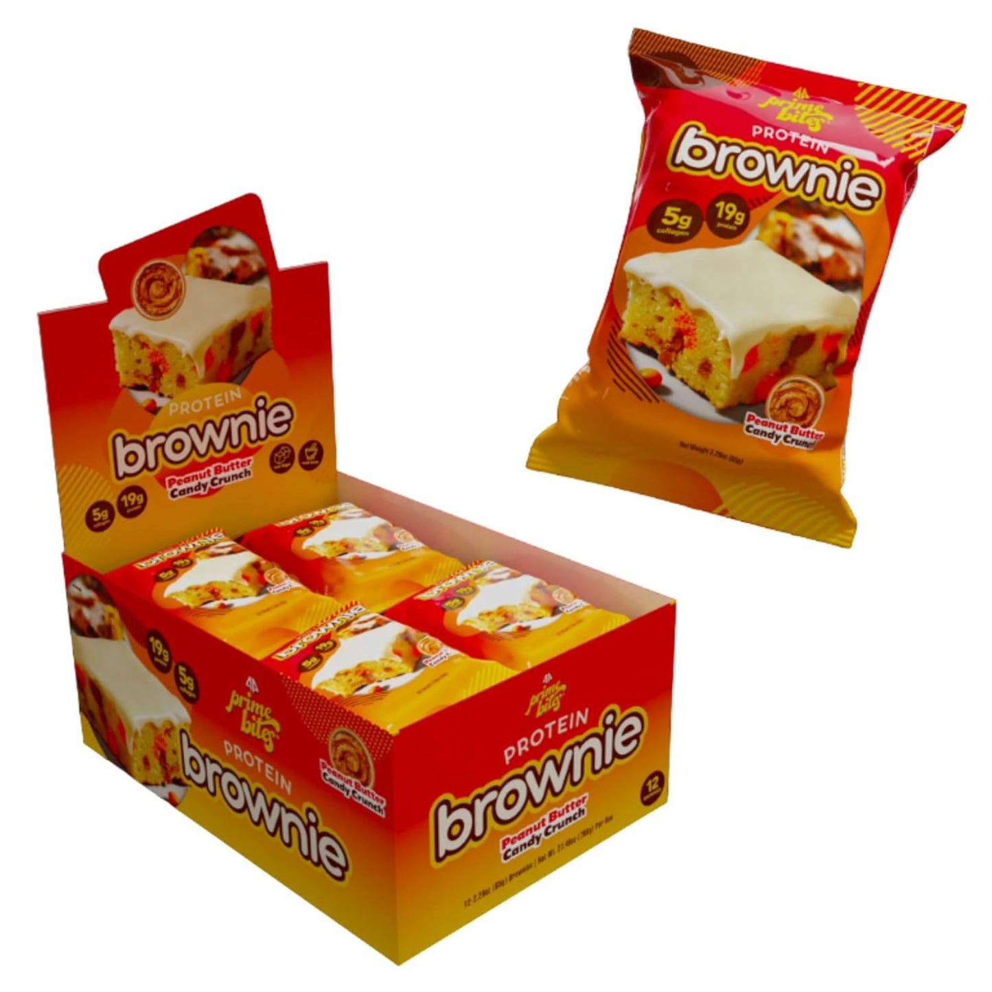 Prime Bites Protein Brownie from Alpha Prime Supplements | High Protein, Collagen Fortified Low Sugar Treat | Delicious Snack | 12 Bars per Box (Peanut Butter Candy Crunch)