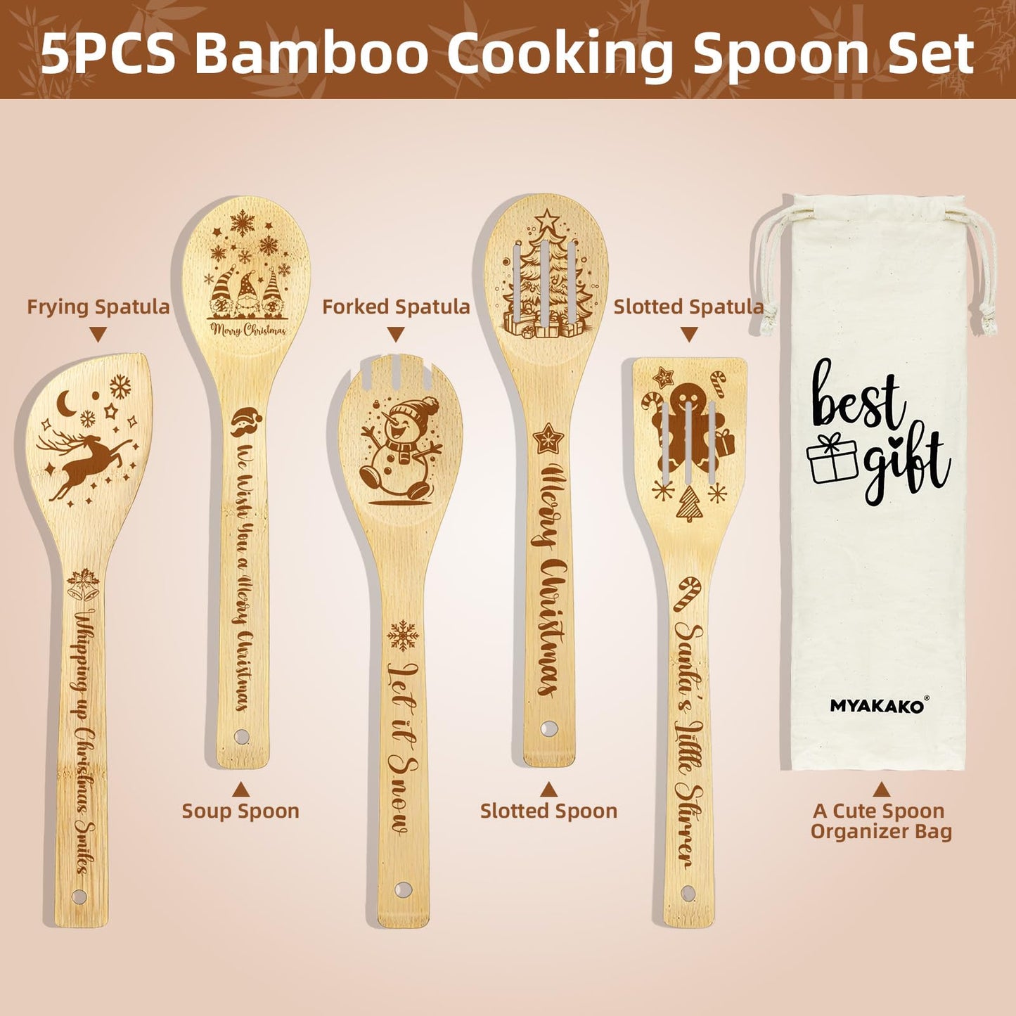 Christmas Cooking Spoons Set with Canvas Bag, 5Pcs Bamboo Non-Stick Cooking Utensils, Kitchen Accessories Housewarming Gift for Friend Women Men, Funny Thanksgiving Christmas Gift for Mom Dad