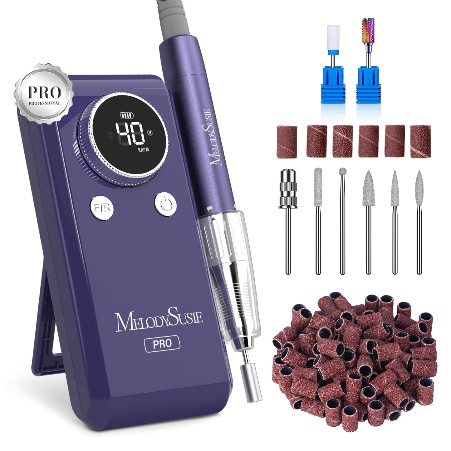MelodySusie Professional Clip-On Rechargeable Nail Drill with Adjustable Built-in Stand and Premium Motor, MB420G 40000RPM E-File with Max Speed for All Manicure Shaping & Gel Removal for Salon Use