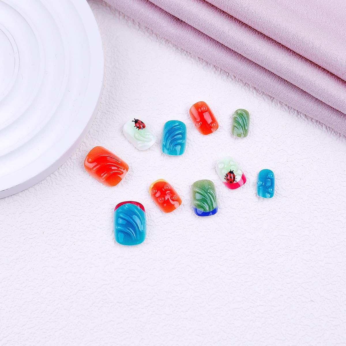 plalely Press on Nails Short Square Colorful Acrylic Fake Nail with 3D Water Drop and Ladybug Designs Short Press on Nails for Women 24pcs