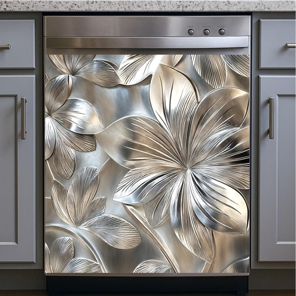 Tomhong 2D Flat Dishwasher Magnet Cover 23x26 Inch Silver Floral Kitchen Appliance Cover Decorative Front Removable Fridge Sticker Elegant Flower Art Kitchen Decor
