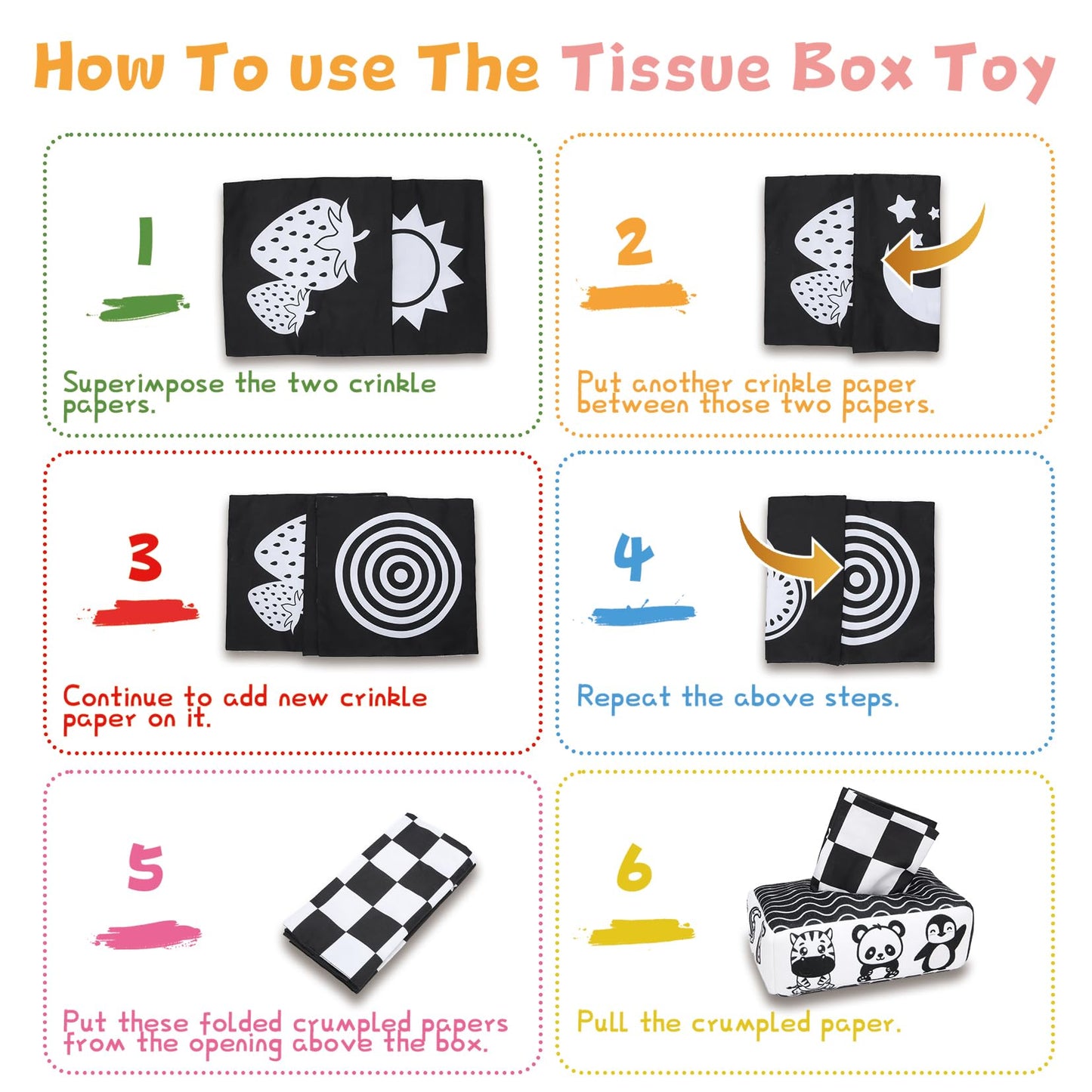 Yeeeasy Baby Tissue Box Toy High Contrast for Newborn Black and White Montessori Toy for Babies 3 Months Sensory Tissue Box