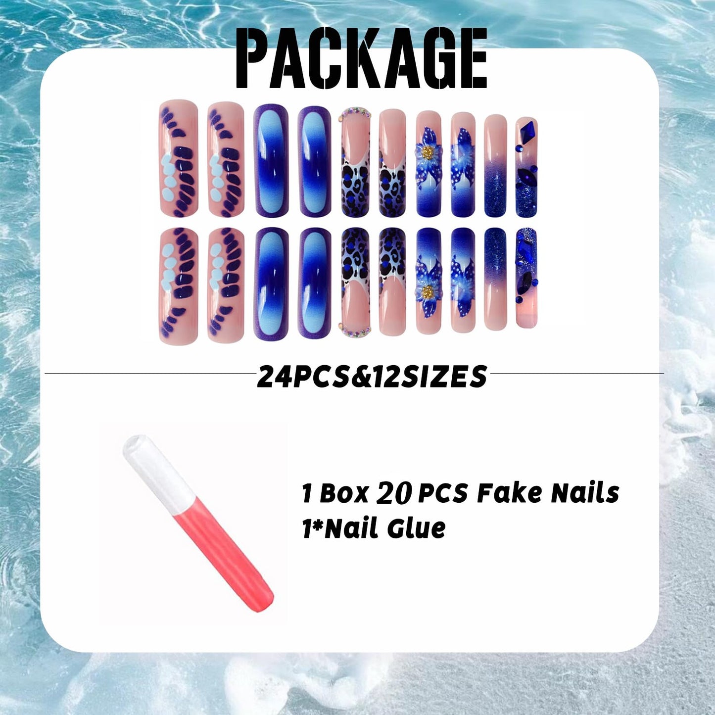 IMSOHOT Blue Press on Nails Curved Long Fake Nails - Leopard Print, Flower, Glitter, Rhinestone, Crocodile Print Designs Square Glossy Full Cover Acrylic False Nails Extra Long Glue on Nails