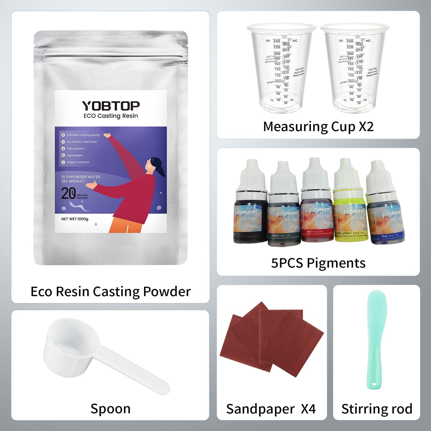 YOBTOP Resin Casting Powder 1000g with 5 Pigments - Fast Cure Eco Plaster Kit, Water Activated, 30 Min Demold for Beginners, Self-Leveling for DIY Crafts, Molds, Home Decor Gifts